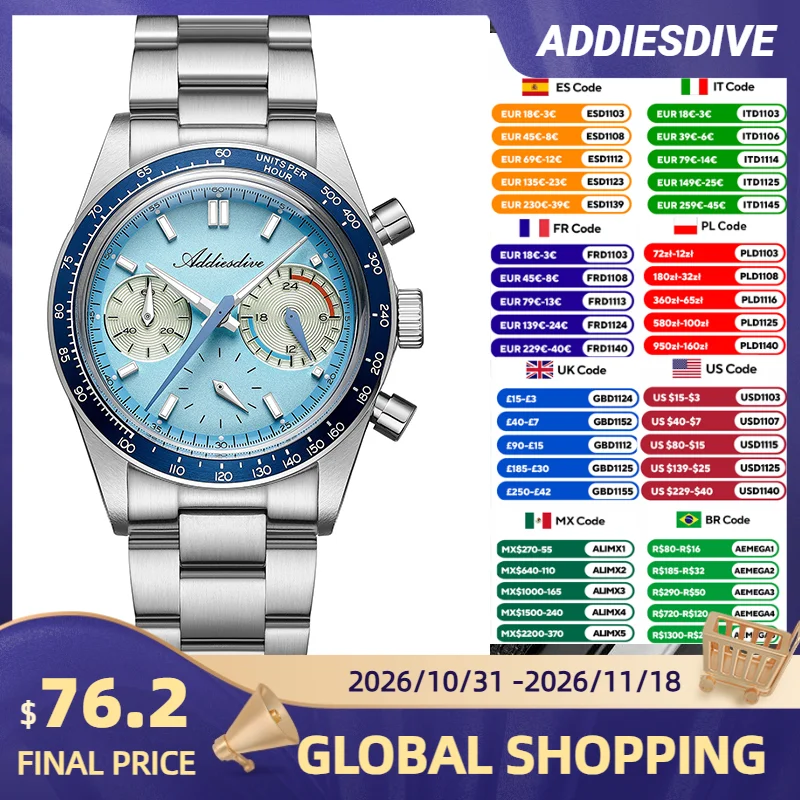 ADDIESDVIE AD2539 Quartz Watch Men Chronograph Watch VK63 316L Stainless Steel 10Bar Waterproof Steel Strap BGW9 Super Luminous