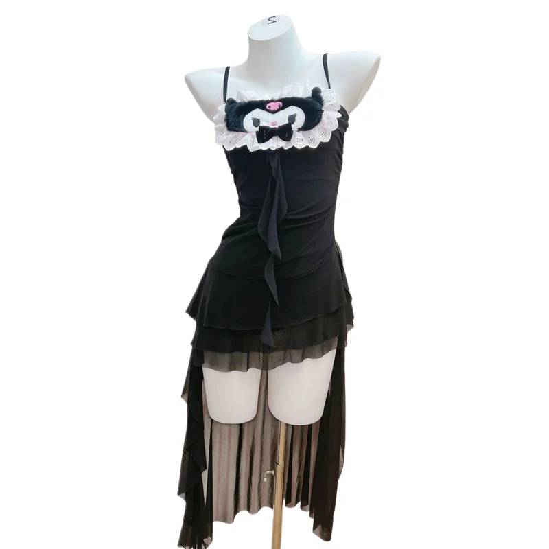 

Аниме-костюм HelloKitty: летнее сексуальное платье-комбинация с тонкими бретелями, подчеркивающее талию, черное, универсальное, облегающее, в стиле Pure Desire Wind