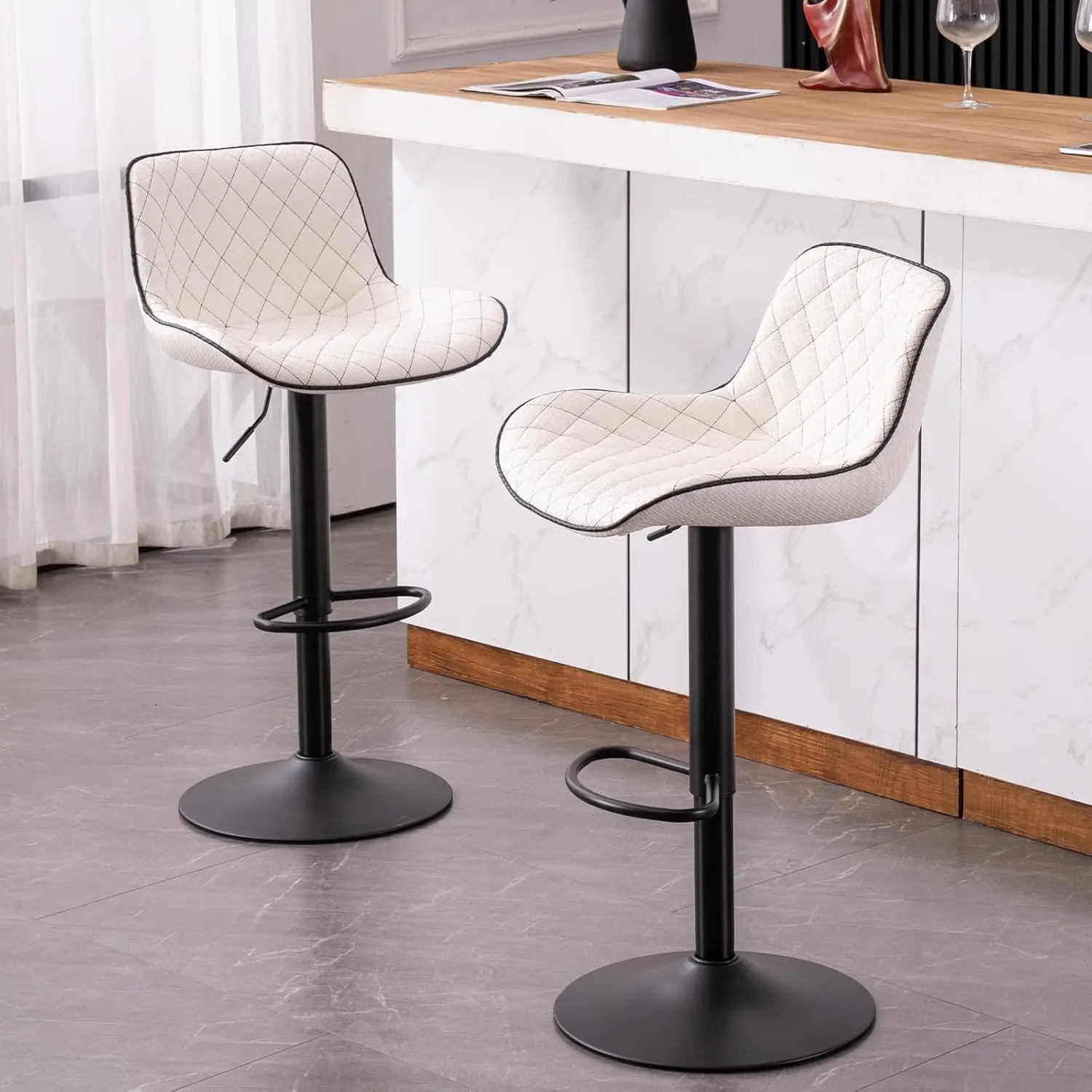 

Bar Stools Set of 2 White Counter Height Upholstered Barstool Swivel Adjustable Modern Bar Chair for Home Bar Kitchen Island