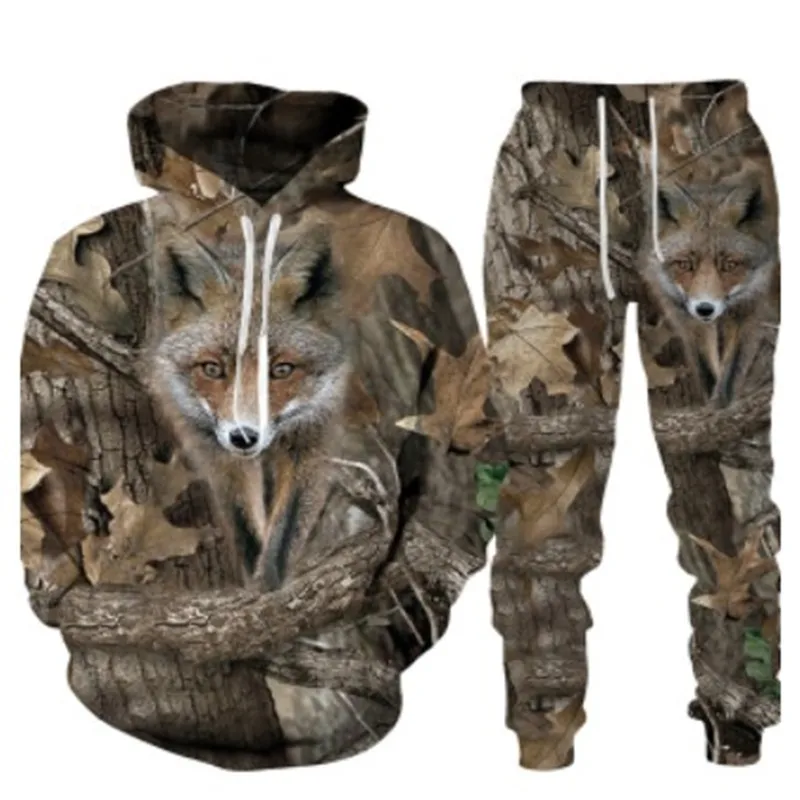 Men's Tracksuit Casual Camouflage Hunting Animal Rabbit 3D Hoodie Sweatshirt 2 Piece Set Pullover Sportwear Male Clothing Suit