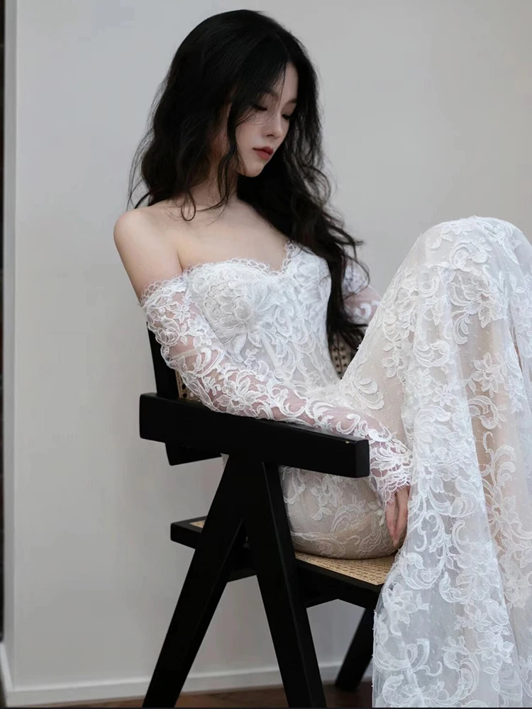 

Ele Lace Long Sve One oulder Wedding Dr Slim Fit Fi Tail Bride Gown for Hotel Indoor Wedding Simple Sle