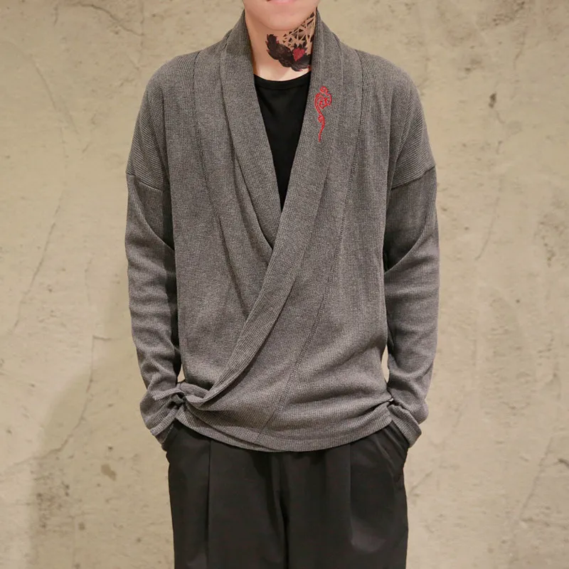Jacket Men Autumn Solid Color Hanfu Comfortable Men Jacket Chinese Style Cardigan Traditional Clothing Loose Kimono V-Neck Coats