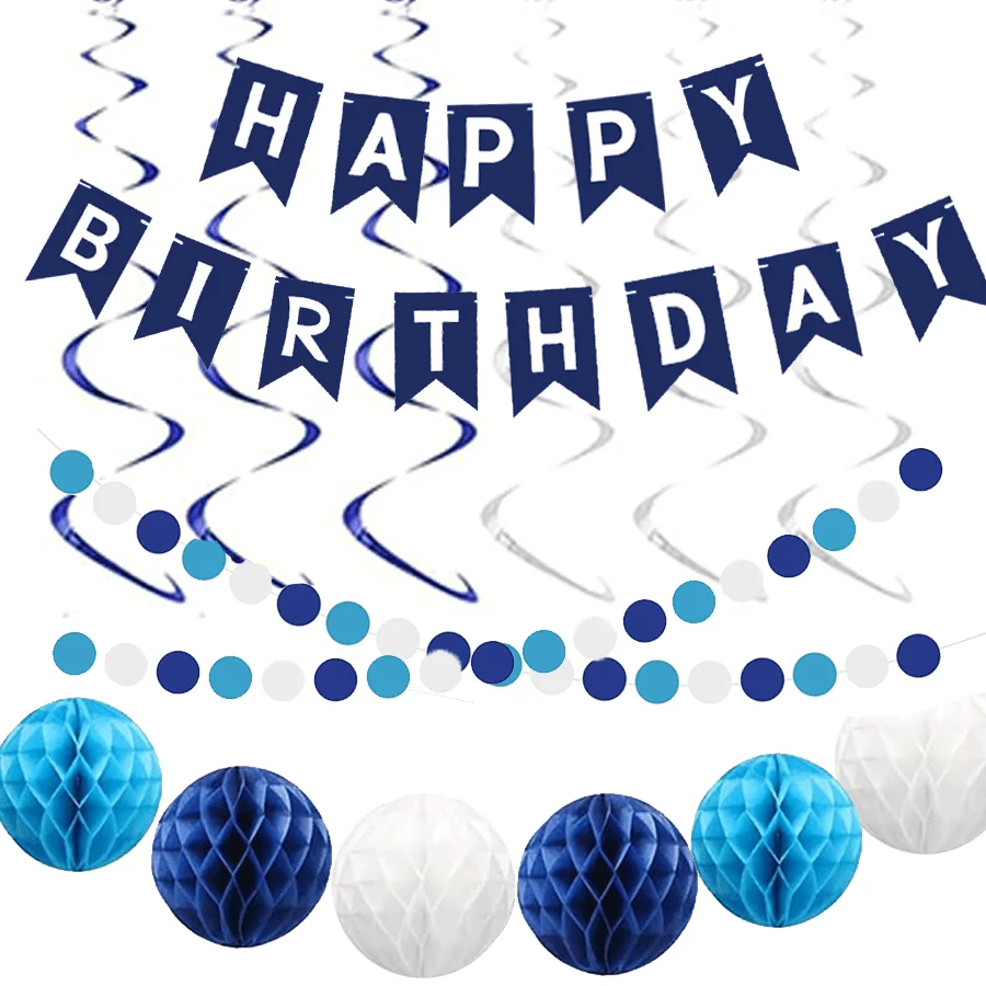 Navy Blue Men Birthday Decor, Birthday Banner, Honeycomb Balls, Metallic Swirls, Circle Garland, Decoracion Cumpleaños Hombre