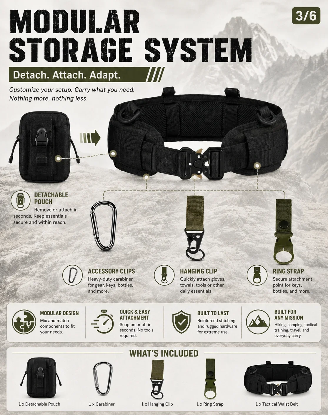 Taktischer Hüftgurt mit abnehmbarer Tasche und Schnellverschluss-Schnalle, Outdoor-Ausrüstung für Wanderungen, Camping, Angeln und militärische Übungen. – Detail 3