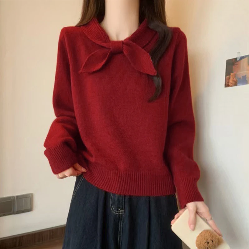 French Retro Bow Collar Long Sleeve Versatile Loose Casual Knitted Sweater For Women