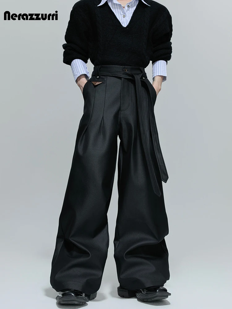 Nerazzurri Spring Autumn Glossy Dark Grey Wide Leg Pants for Men High Waist Sashes Elegant Luxury Designer Menswear Clothing