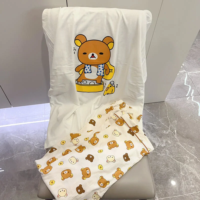 Rilakkuma Pajamas Set Y2K Tops & Tees Girls Pure Cotton Lazy Bear Spring Autumn Women Short Sleeve Long Pants Cute Top Pants New