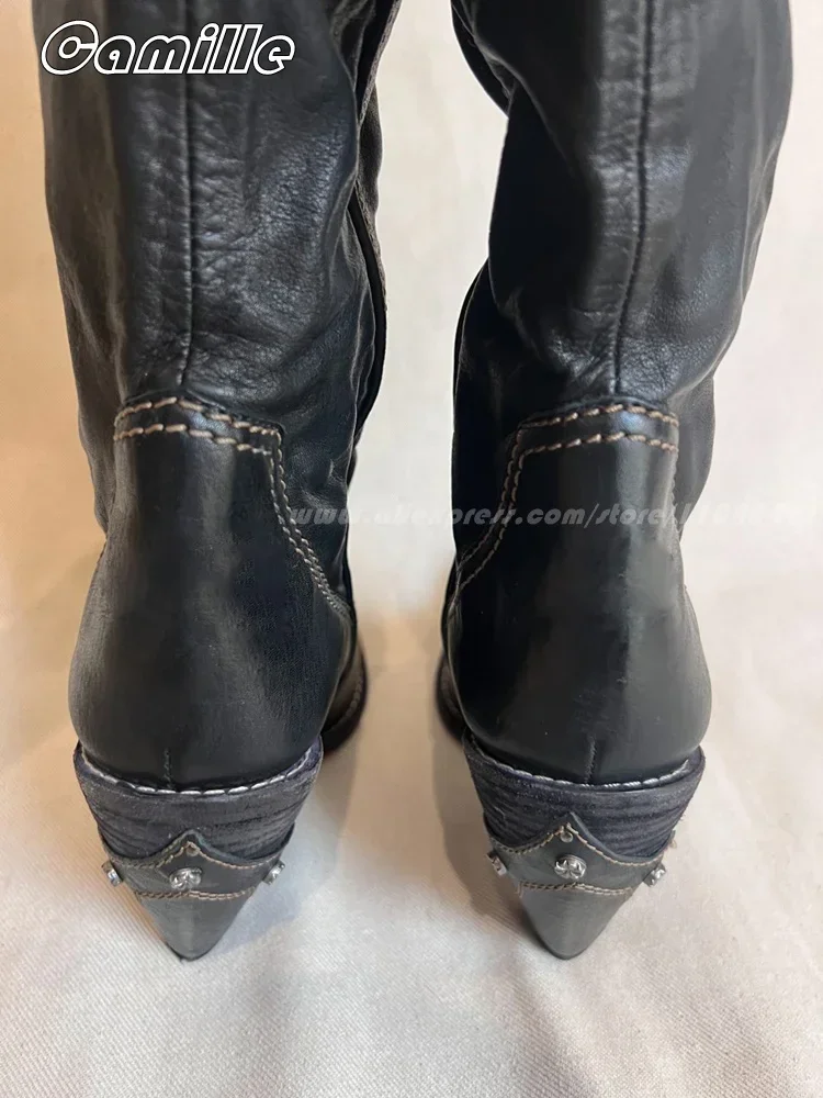 2025 Fashion All-Match Pleated Sexy Boots Square Toe Leather Boots