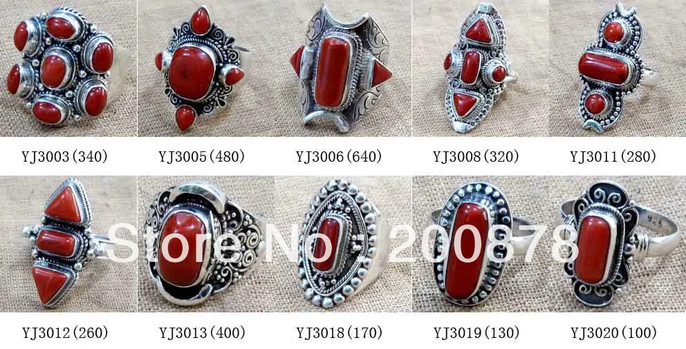 Mix Wholesale 10PCS Tibetan Jewelry Rings Nepal Handmade 925 Silver inlay Natural Baboo Coral Ring for Man