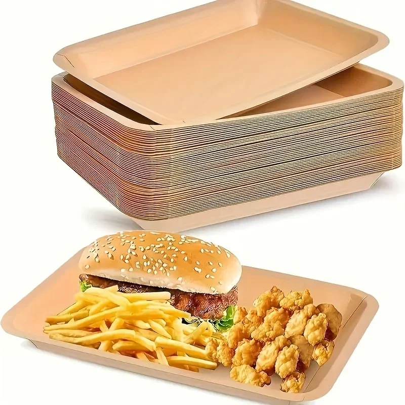 100Pcs Rectangular Paper Plate Kraft Disposable Tray Rectangular Dinner Plate BBQ Snack Thick Fruit Plate
