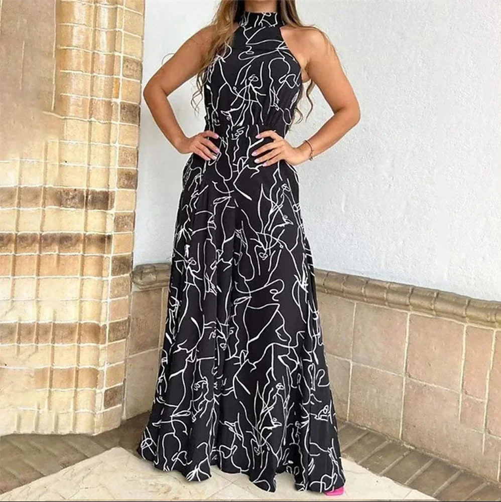

Summer Sexy Halterneck Bodycon Sleeveless High Jumpsuit 2023 Women Abstract Print Jumpsuit Chic Streetwear Wide Leg Romper