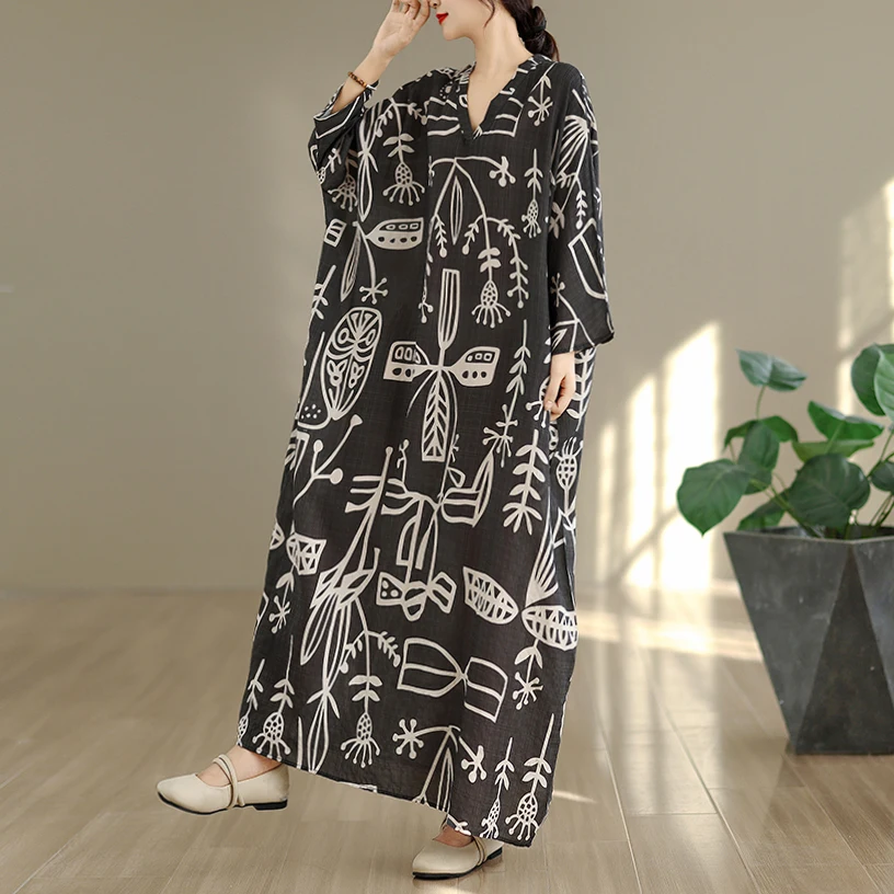 Printemps automne Floral Vaion Sle voyage V Ne rétro longue Dr viande dissimulant coton lin Dr grande taille minceur mince