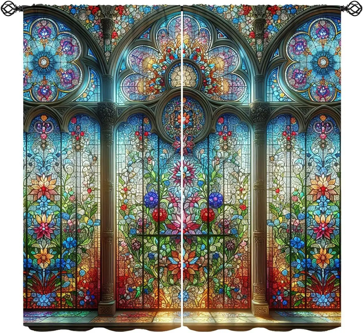 Stained Glass Curtains, Vintage Abstract Geometry Floral Art Printed Window Drapes for Boys Girls Bedroom and Living Room