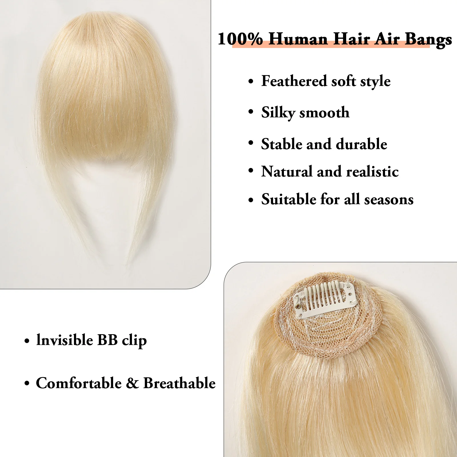 Clip in Bangs Extensions 100% Human Hair Blonde Fringe Clip on Air Bangs Hair Pieces for Women Daily Natural Easy Wear 4.5 inch