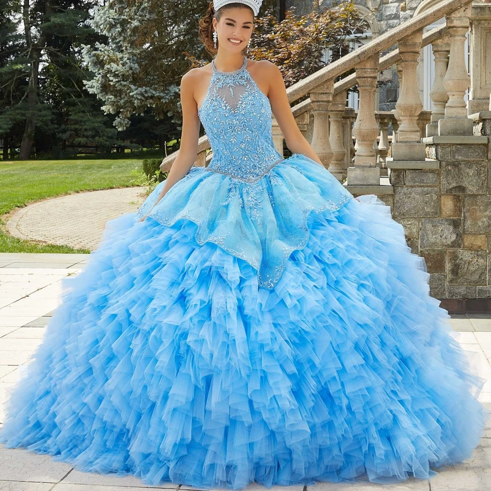 

EVLAST Glitter Halter Blue Quinceanera Dress 2023 Ball Gown Appliques Ruffled Tulle Beaded Sweet 16 Vestidos De XV Años TQD111