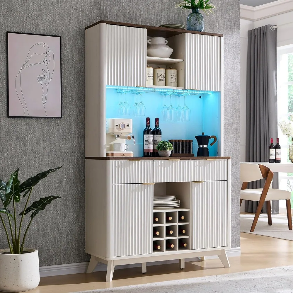 

72" Tall Wine Bar Cabinet with Storage Hutch, Modern Wood Fluted Coffee Bar Cabinet with LED Lights and 10 Tier Storage Shelf &