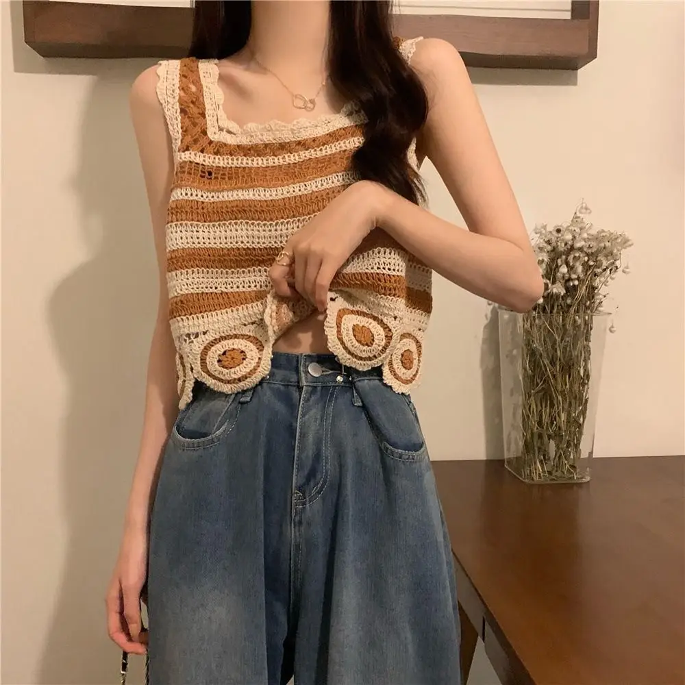 جديد ريترو المحاصيل الأعلى التطريز نمط محبوك تانك الأعلى أنيقة الصيف سترة دون أكمام المرأة #5