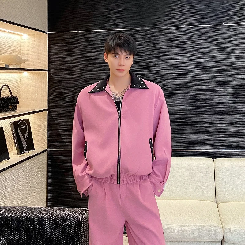 

Spring Autumn Casual Fashionable Men's Jacket Set Color Block Design Sense Wide Leg Pants Two Piece Set Long Sleeve Youth