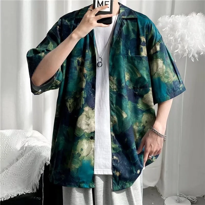 Korean Men's Shirt Short Sleeve Ins Summer Couple Loose And Versatile Harajuku Fried Street Male Tops Shirt