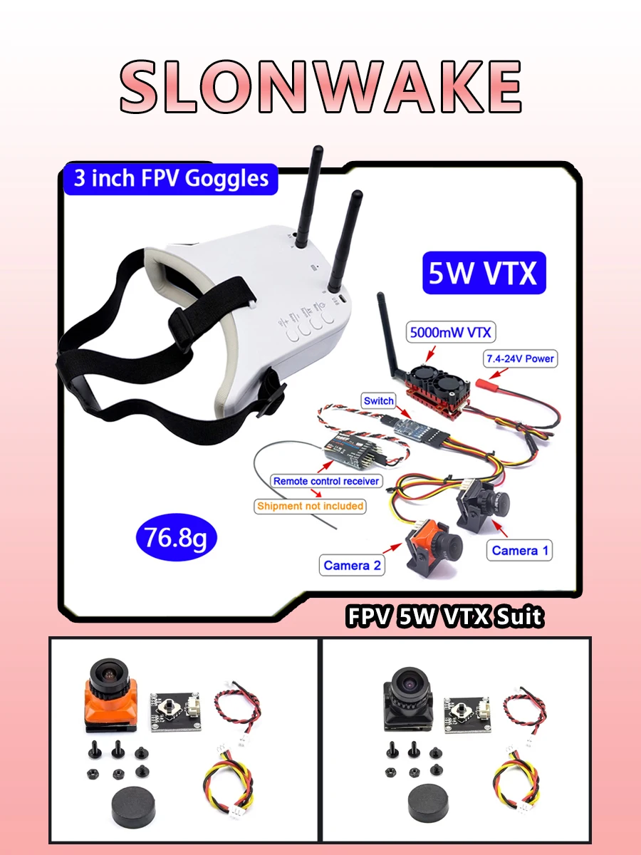 Long Range 5.8Ghz 5W FPV Wireless Transmitter 5000mW VTX with Dual Video CMOS 1500TVL B19 Mini FPV Camera for RC Playing Part