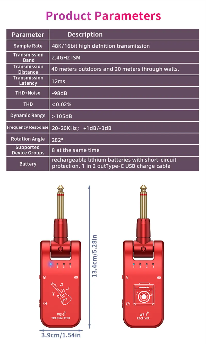 JAMJUM WS-3 Drahtloser Sender und Empfänger, Drahtloses System für E-Gitarre & Elektronische Instrumente – Detail 10