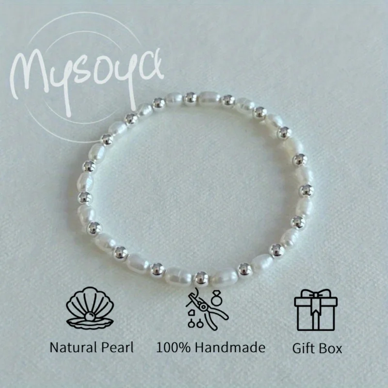 

MYSOYA 4-5mm Natural White Rice Shape Freshwater Pearl Bracelet For Women And Men With Gift Box Birthday Wedding Jewelry Gift