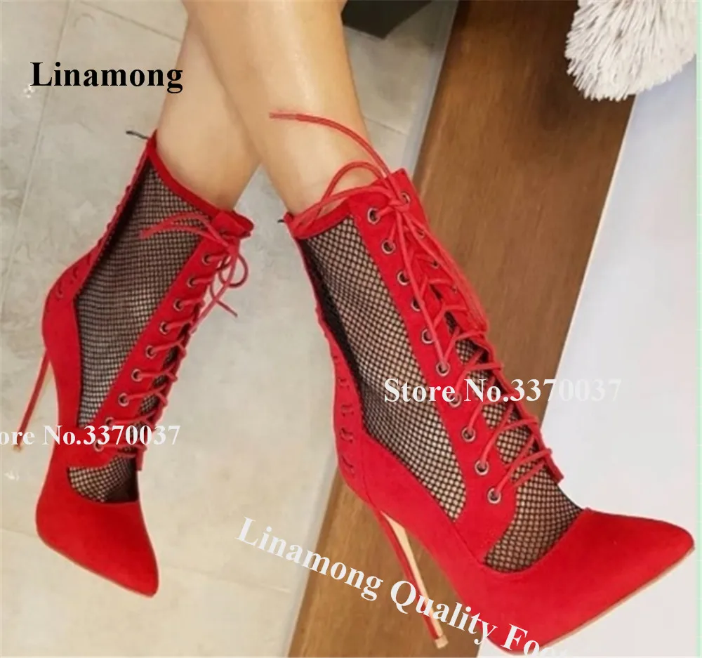 

Linamong Newest Black Mesh Patchwork Red Suede Stiletto Heel Short Gladiator Boots Pointed Toe Lace-up Thin Heel Ankle Booties