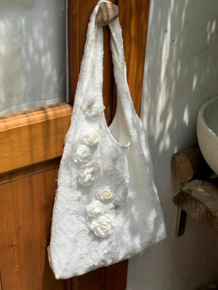 Sac à main en dentelle papillon pour femme, fleur blanche douce, décontracté, grande capacité, sacs fourre-tout, sac de transport lancé