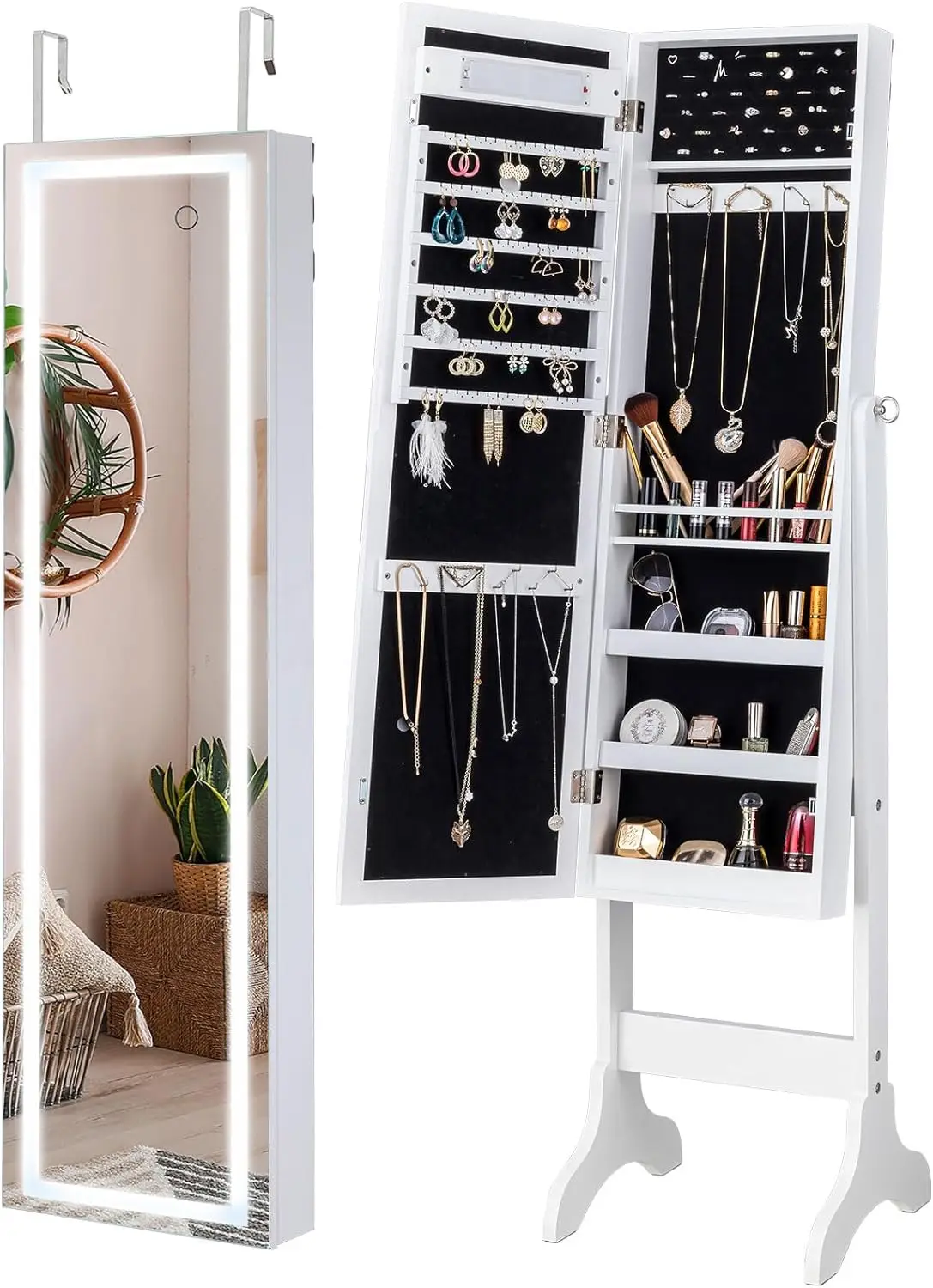 

YOKUKINA LED Mirror Jewelry Cabinet Standing Jewelry Armoire, Full Length Mirror with Jewelry storage, LockableOrganize