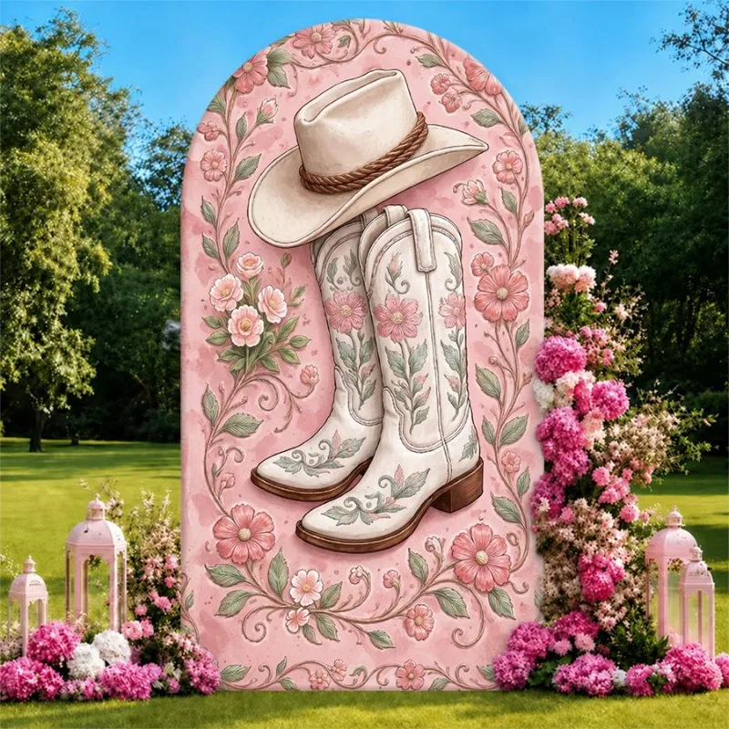 

Single Side Arch Backdrop Cover Rustic Western Floral Background for Party Decor featuring White Cowboy Boots and Hat on Pink