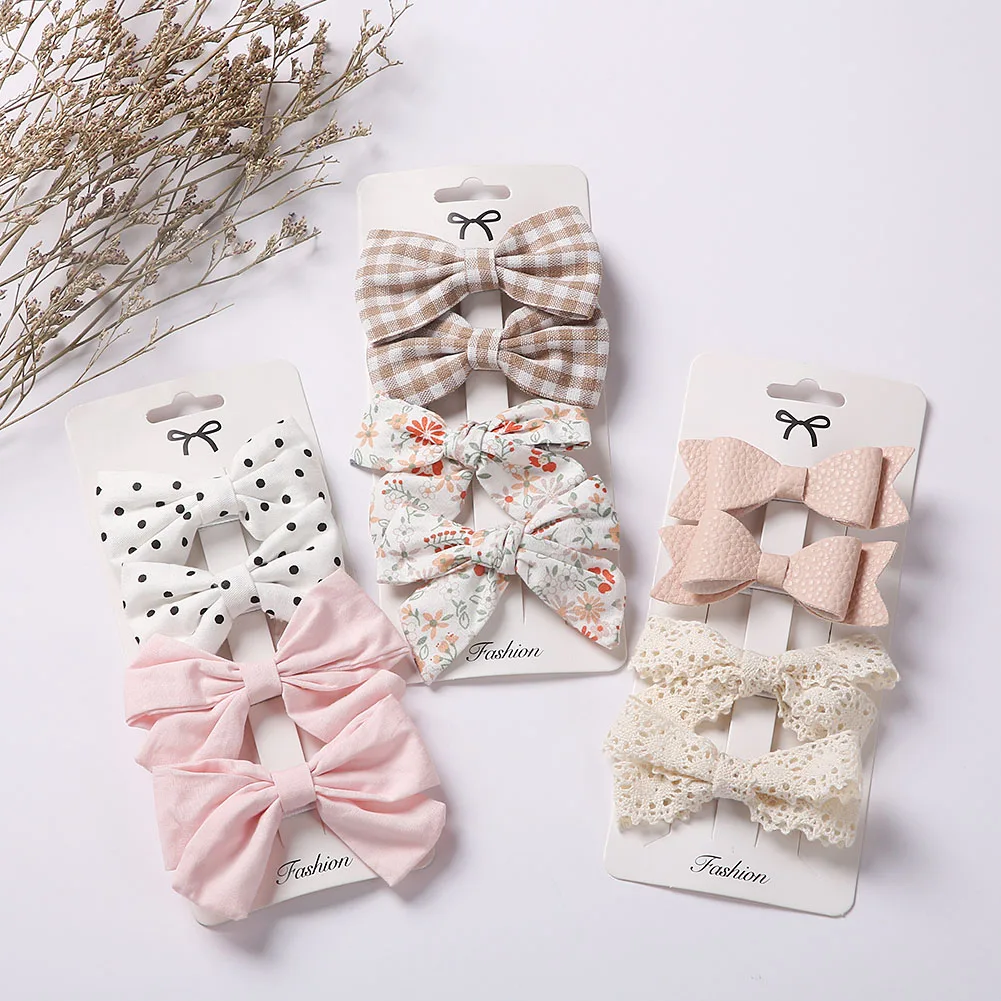 4Pcs/set Floral Print Hair Bow Clips Baby Girls Lace Cotton Linen BB Barrettes Safety Hairpins Korea Kids Headwear Accessories