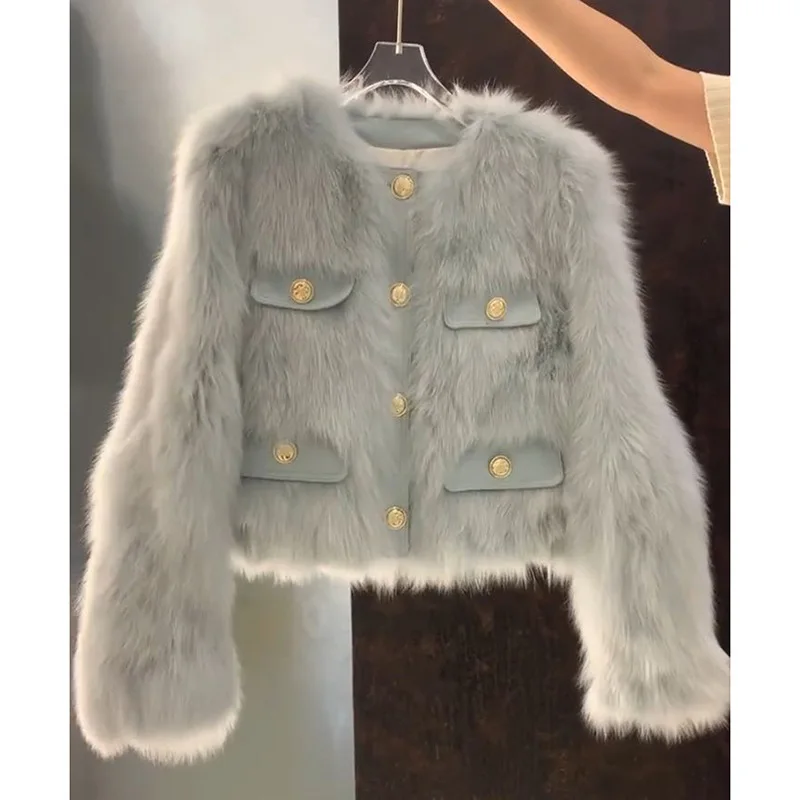 Nepbontjassen Dames Bontjassen Effen Zak V-hals Lange mouw Single Breasted Dik Warm Bont Los Casual 2025, Herfst Winter