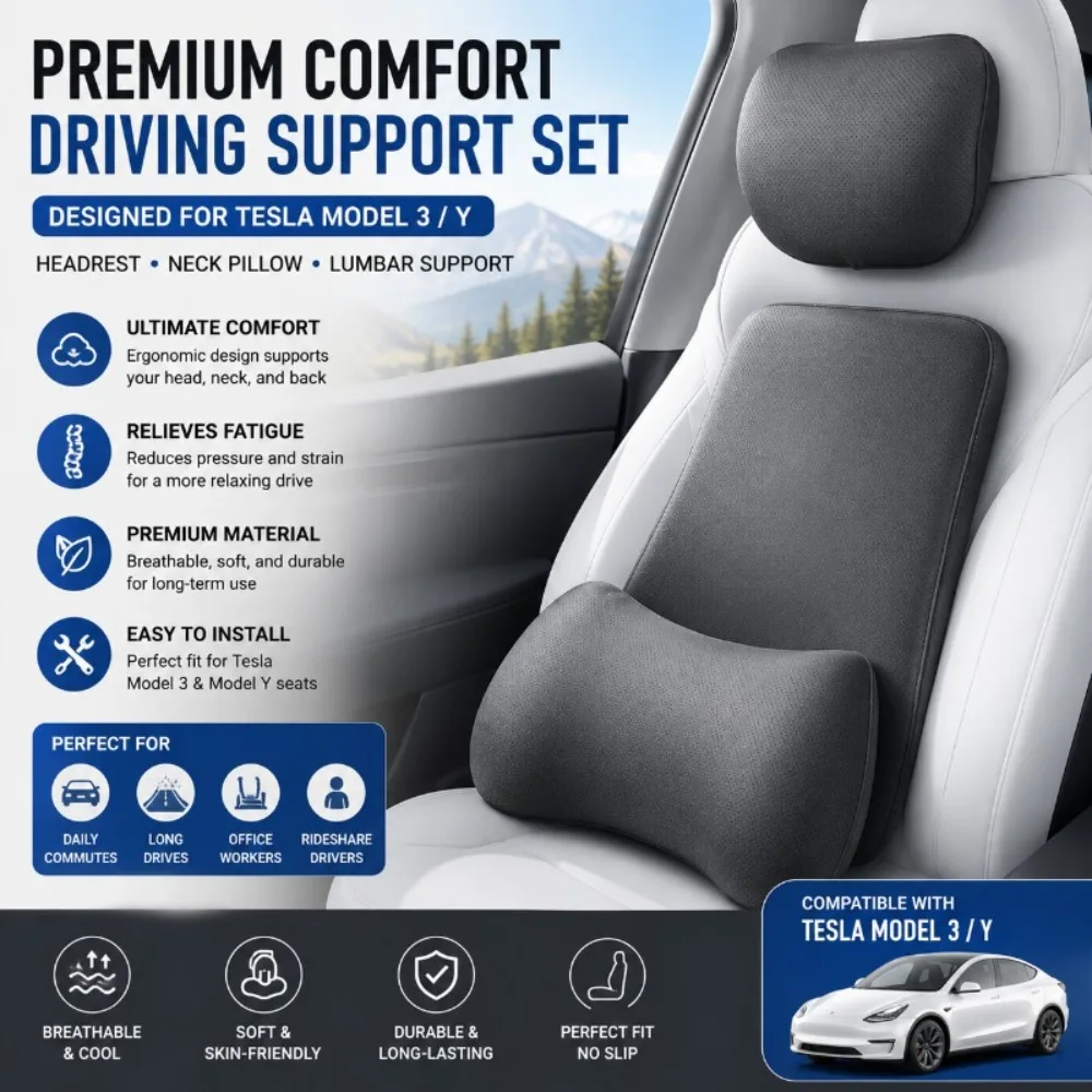 Car Seat Neck Pillow and Lumbar Support Cushion Compatible with Tesla Model 3 Model Y, Memory Foam Driving Comfort Kit