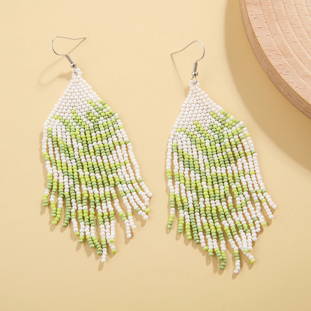 Rice bead earrings Bracken Pattern Fashion Originality Hand weaving Bohemia Alloy Tassel Beaded earrings