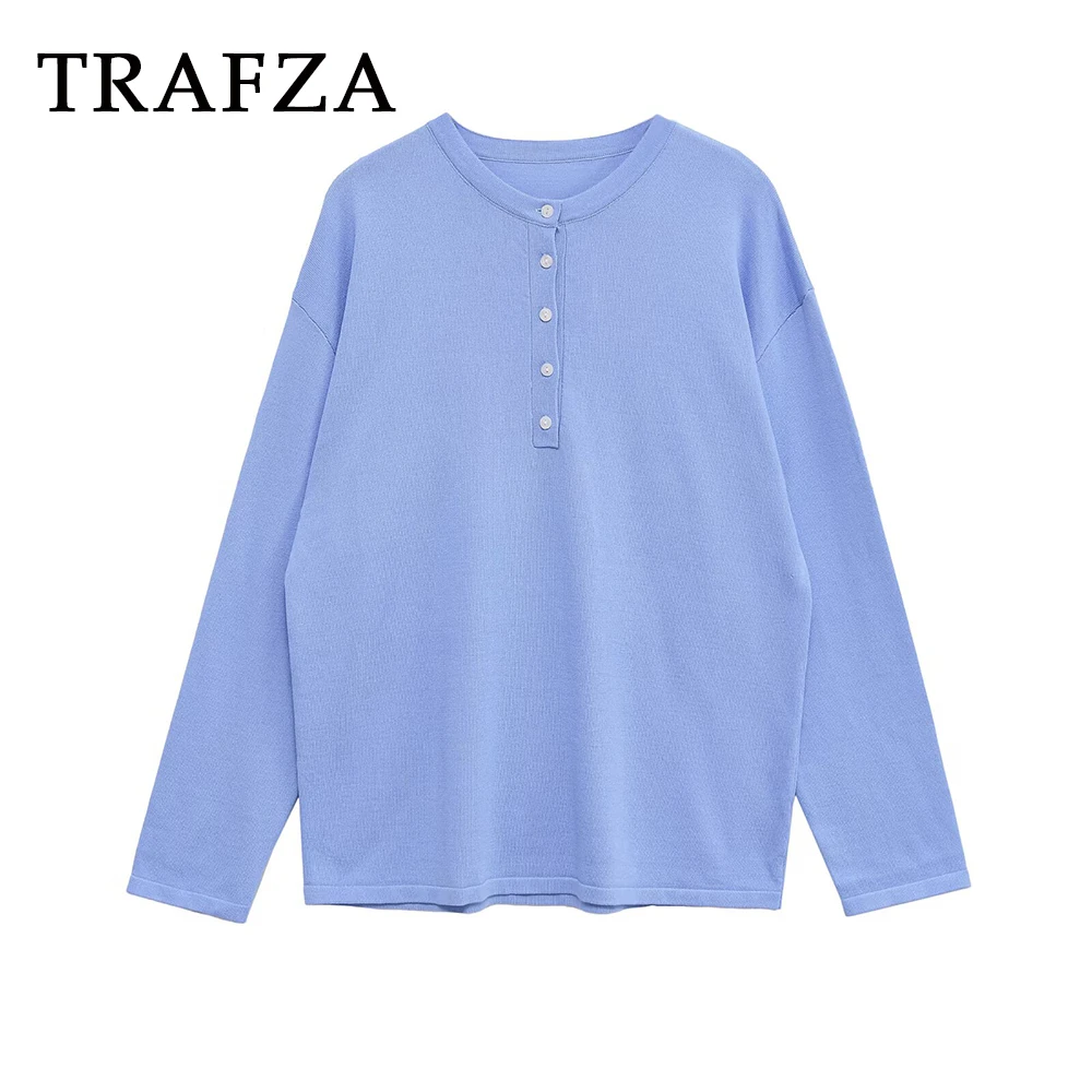 

TRAFZA Chic Autumn Knitted Solid 2025 Women Sweater Vintage O-Neck Fashion Buttons Casual Long Sleeve Female Elegant Knitwear