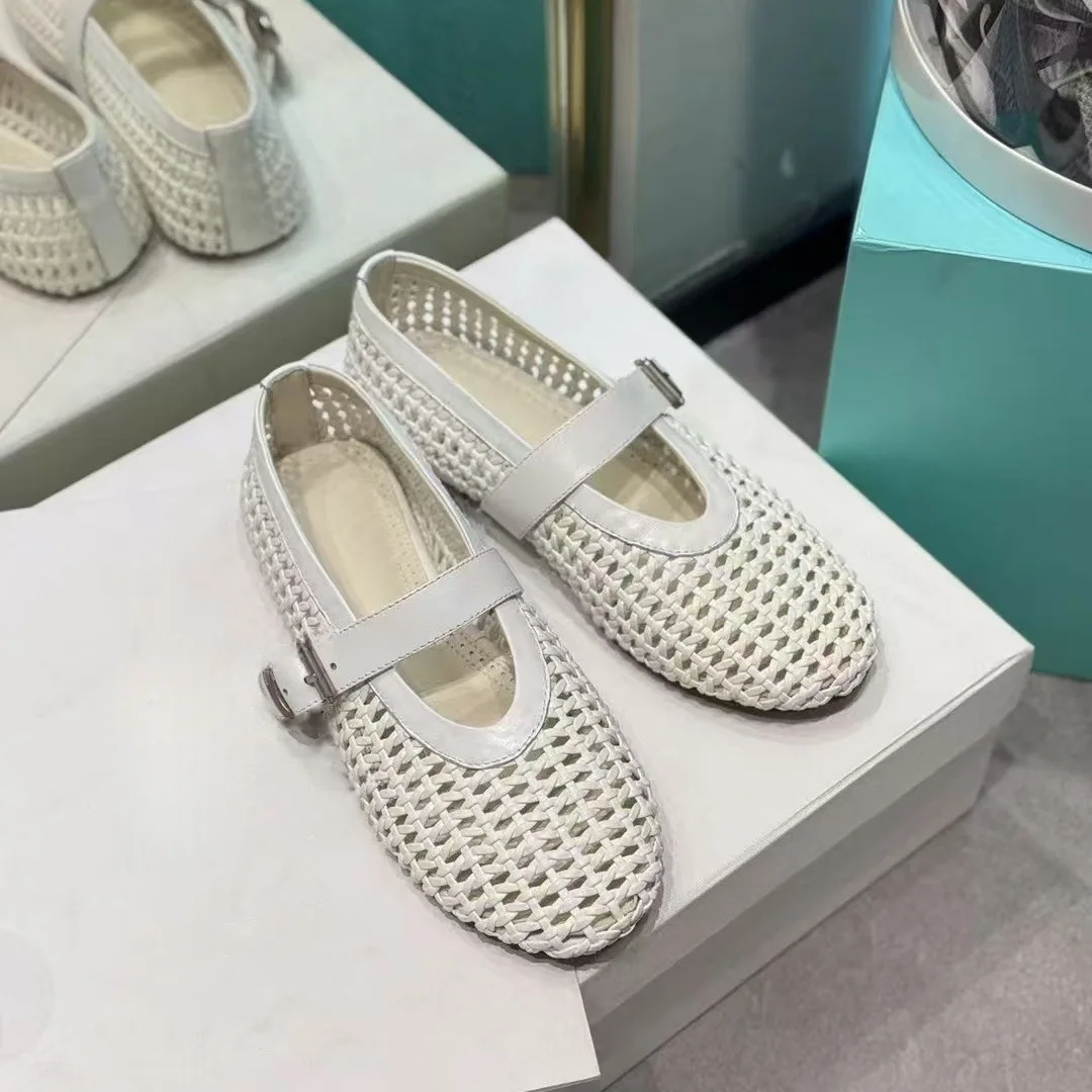 handwoven-leather-mary-jane-single-shoes-breathable-fishing-net-style-flat-bottom-women's-spring-summer-fashion-footwear