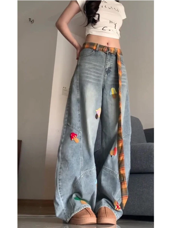 Retro American Cartoon Embroidered Towel High Waist Loose Wide Leg Jeans Women's Autumn New Design Casual Cotton Denim