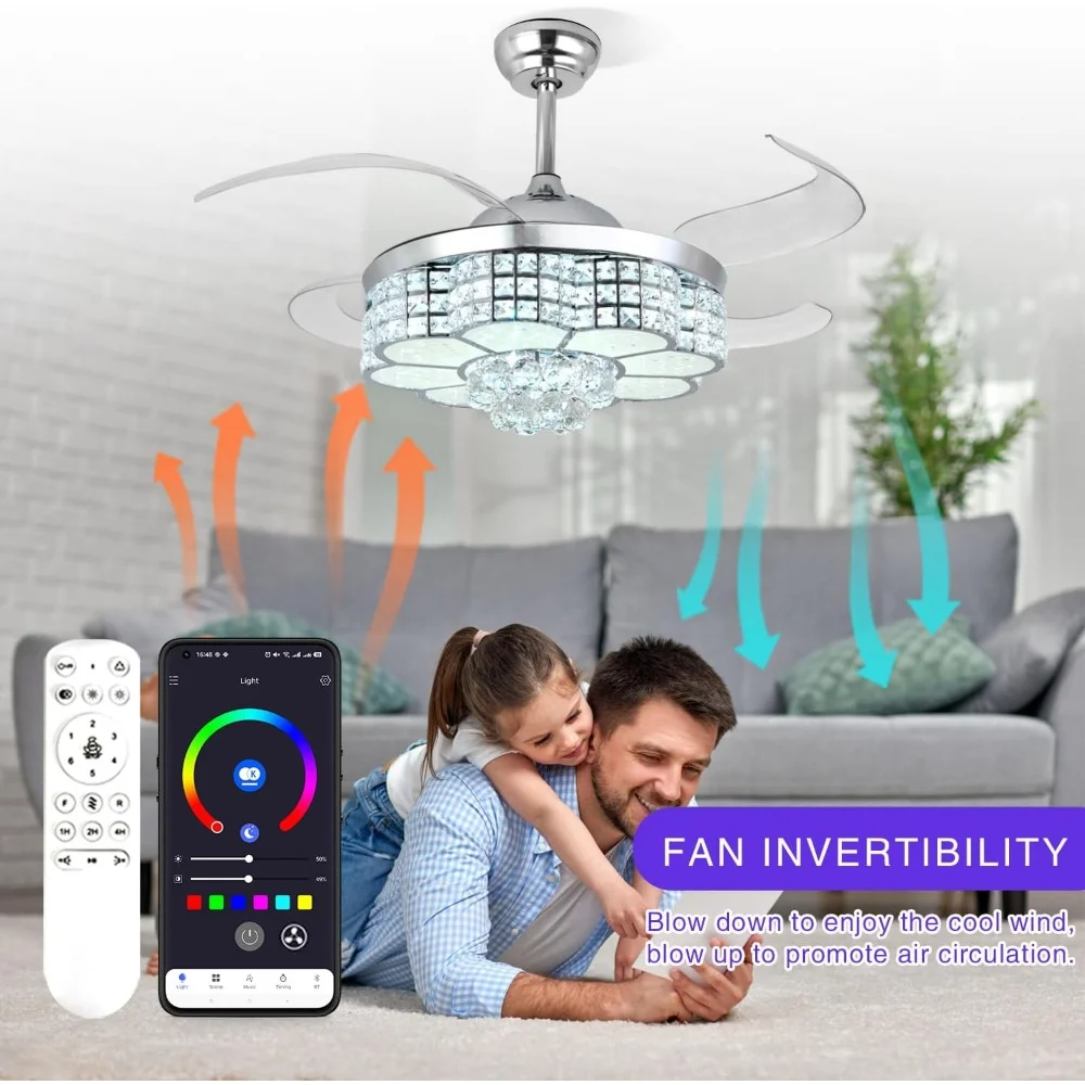 Crystal Ceiling Fan, 6 Speeds Retractable with Light, 3-Color LED Dimmable Chandelier & Color Temperature Memory, Ceiling Fan