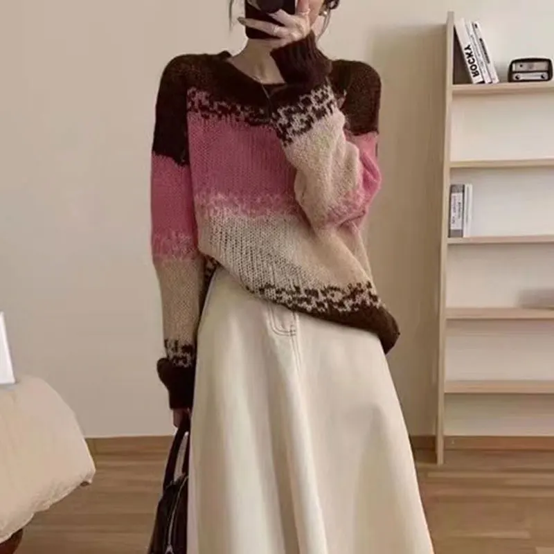 Autumn Winter New Contrasting Colors Jumpers Korean Striped Spliced Commute Female Clothing Casual Loose O-Neck Knitted Sweaters