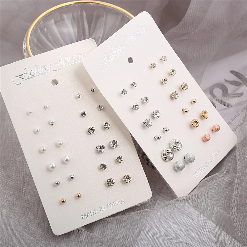 Hot Sale 12Pairs/set Small Stud Earrings Set For Women Simple Geometric Rhinestone Earrings Fashion Party Jewelry