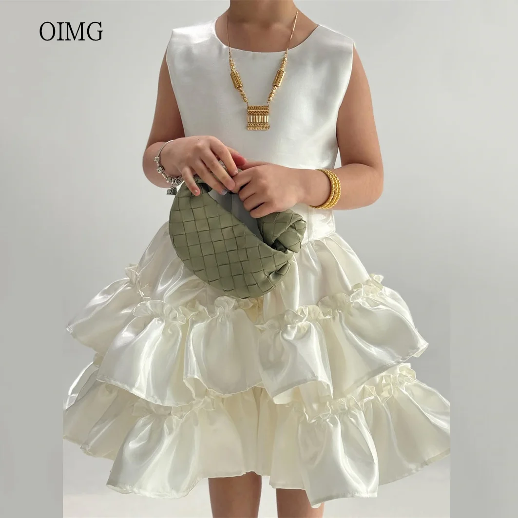 

OIMG Ivory Ruffled A Line Flower Girl Dresses O Neck Sleeveless Wedding Party Dress Knee Length Birthday Dress niñas Customized