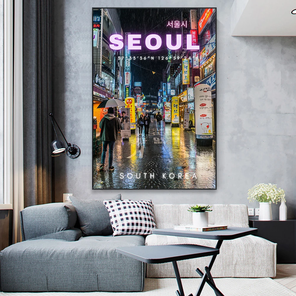 Seoul Travel Poster Neon Art Prints Seoul Purple Neon Wall Art Poster Modern Travel City Canvas Painting Gamers Room Decoration