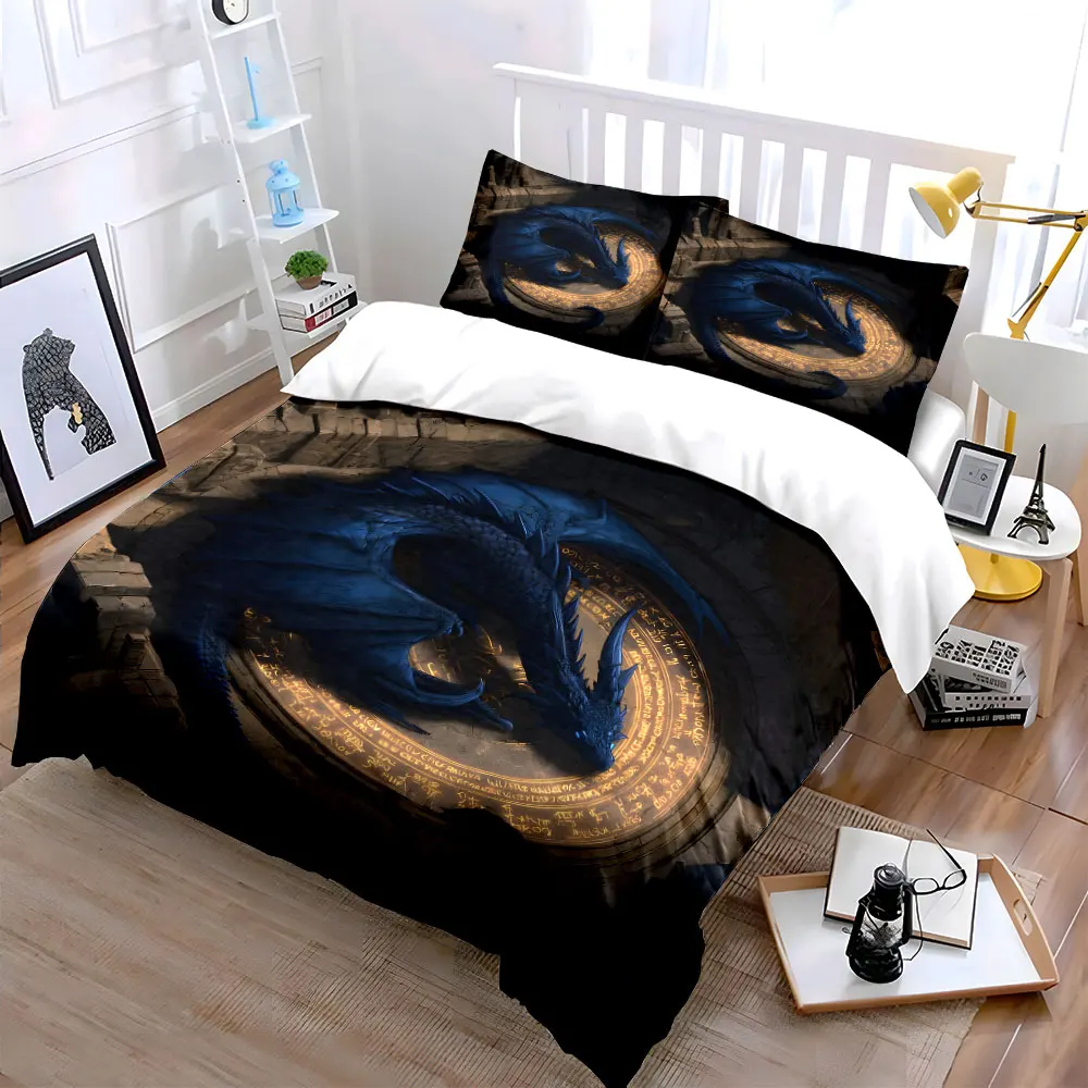 3pcs Blue dragon coiled on glowing runes Pattern Duvet Cover Set Digital Print Colorful Polyester Bedding with Zipper Closur