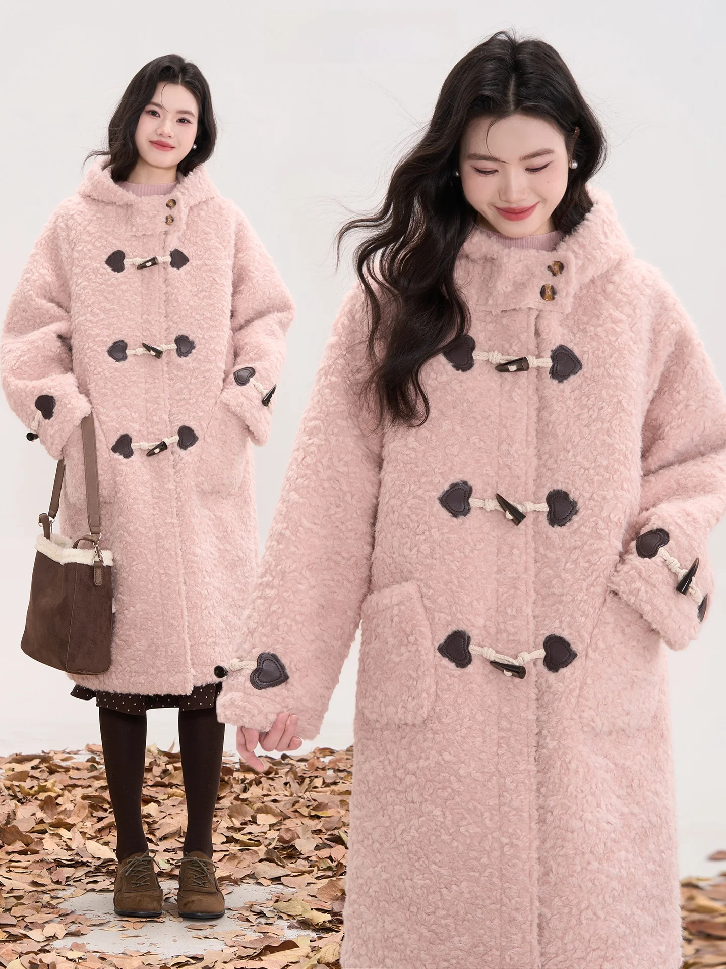 

Winter Thickened Women's Coat with Hood Heart Shaped Button Long Length Polyester Fiber Jacket for Young Ladies Casual Wear