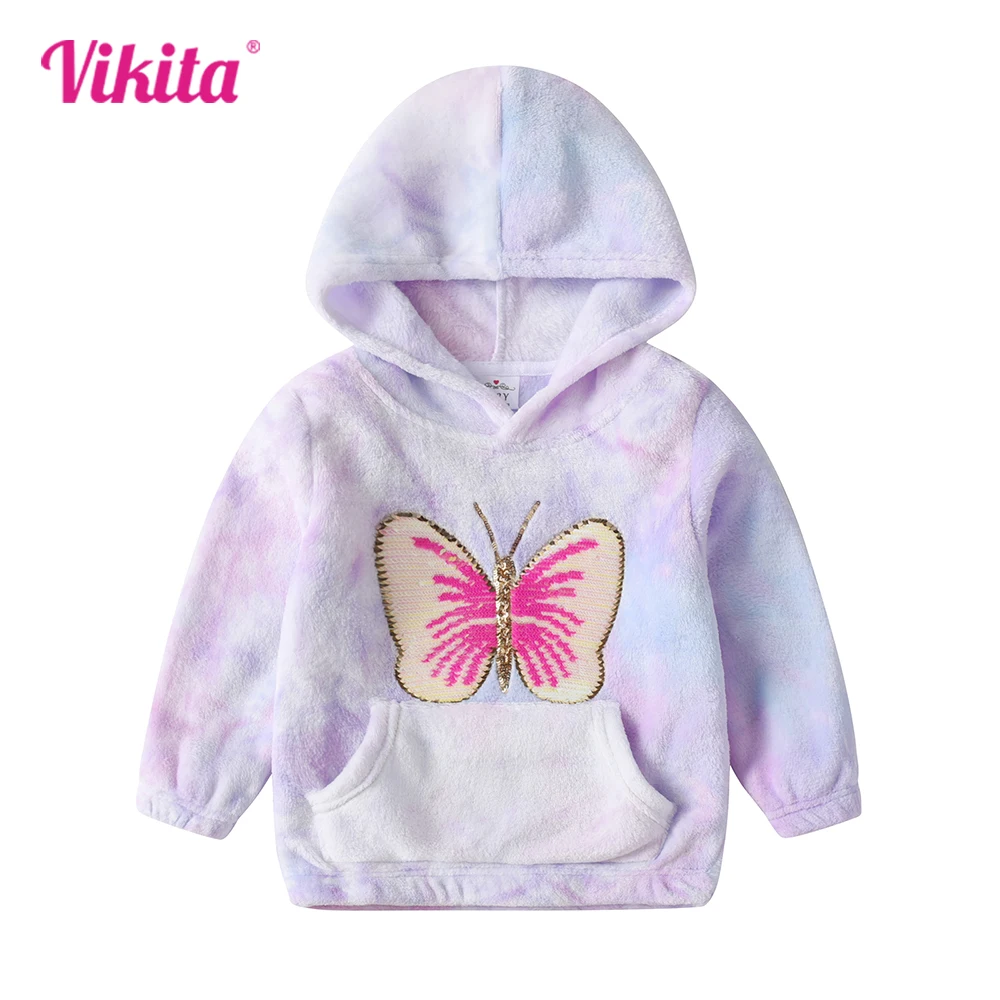VIKITA Girls Autumn Spring Hoodies Kids Butterfly Sequined Outwear with Pockets Kids Gradient Hoodies Children Clothing 3-12 Yrs