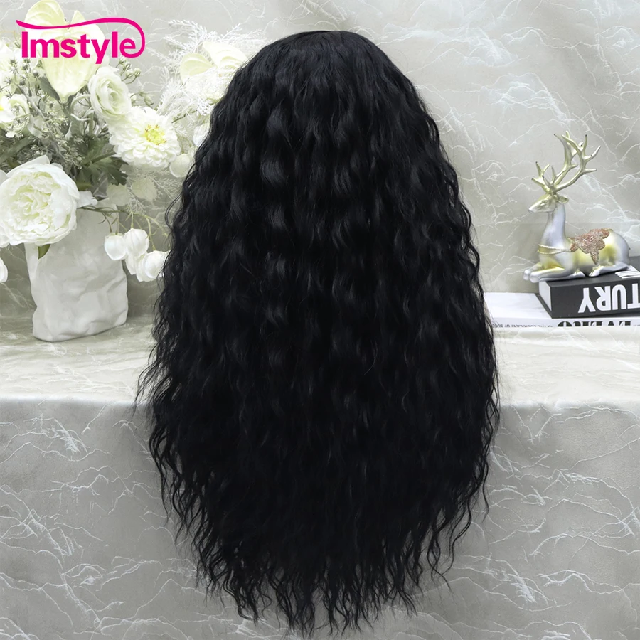 Imstyle Synthetic Lace Front Wig Long Curly Hiar 30'' Side Part Black Wig for Women Heat Resistant T Lace Wig Daily Cosplay Wig