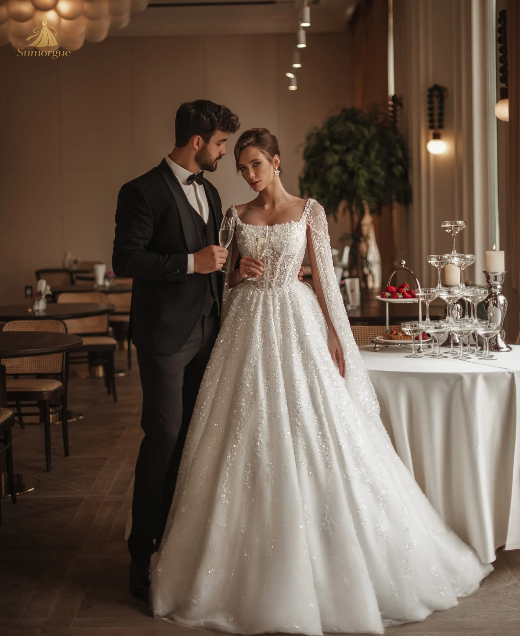 Shinin Beaded Pearls Wedding Dresses Sequined A-line Tulle Long Bridal Gown Dreamy Square Neck Dresses Bride HIGH Customized