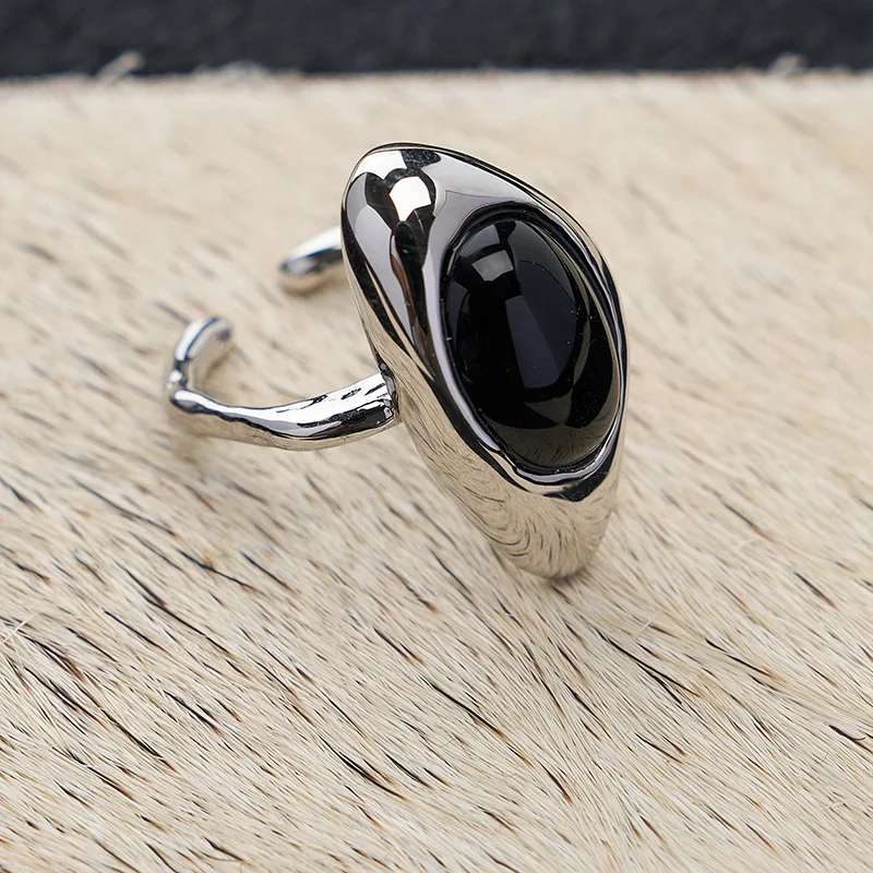 

925 Silver Open Finger Ring Black Stone Irregular Punk Geometric Stackable For Women Girl Jewelry Gift Dropship Wholesale