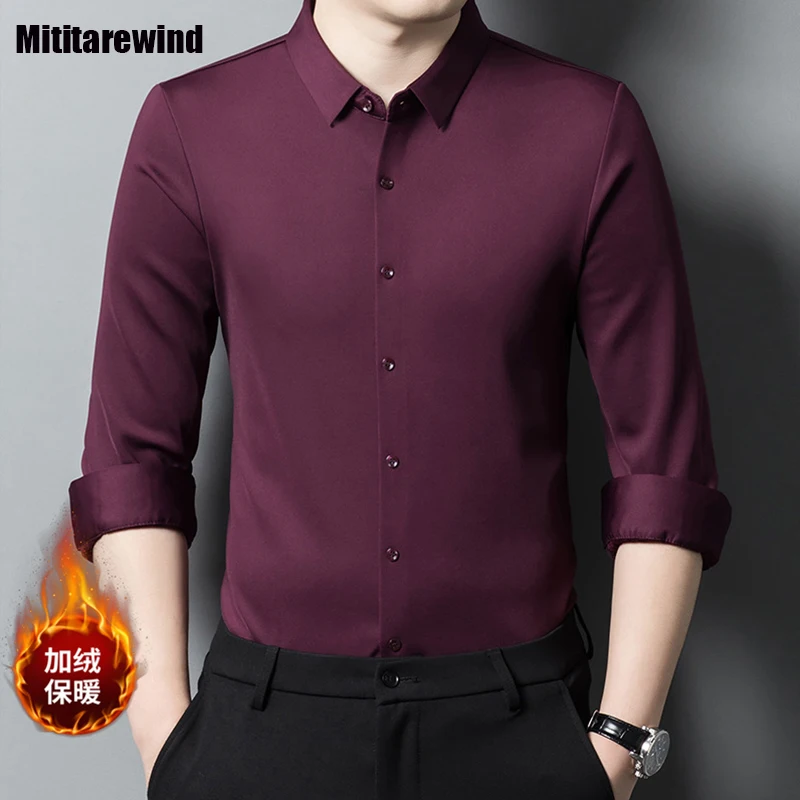 

Winter Shirt for Men Casual Fleeced Clothing Business Shirts Solid Drape Soft Seamless Long Sleeve Shirt Male Simple Warm Tops