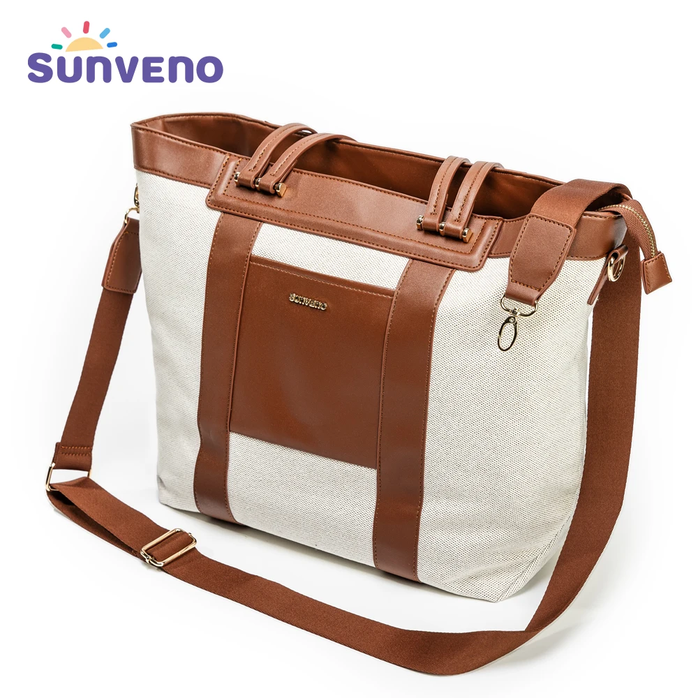 Sunveno Fashion Luxury Tote Diaper Bag Canvas+PU Stitching High Capacity Durable Shoulder Bags for Mommy